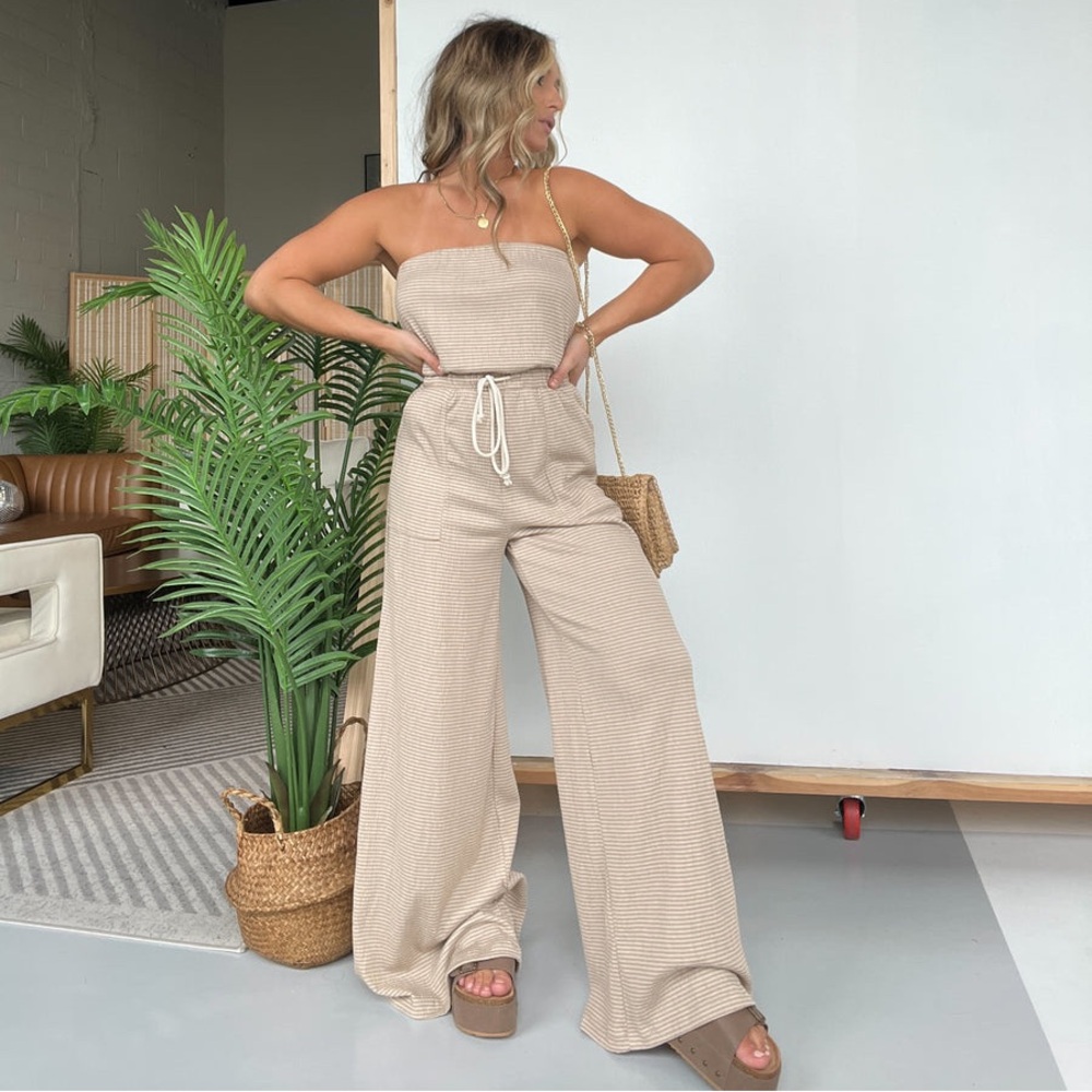 By Together Zienna Strapless Jumpsuit Taupe Ivory